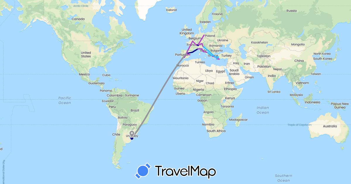 TravelMap itinerary: driving, bus, plane, train, boat in Austria, Switzerland, Germany, Spain, France, Greece, Italy, Monaco, Turkey, Uruguay (Asia, Europe, South America)